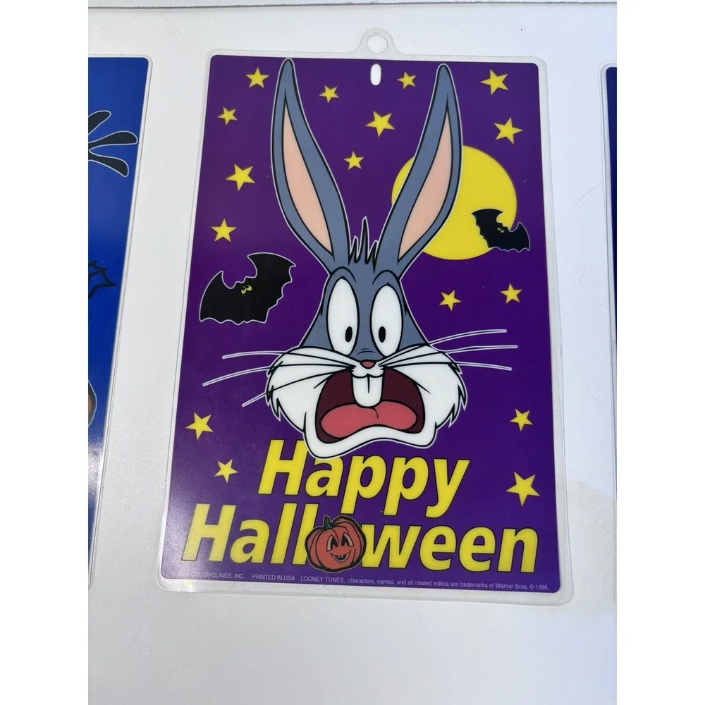 4 VINTAGE LOONEY TUNES‎ HAPPY HALLOWEEN BUGS BUNNY 9x6 Window Suction Cup Hanger